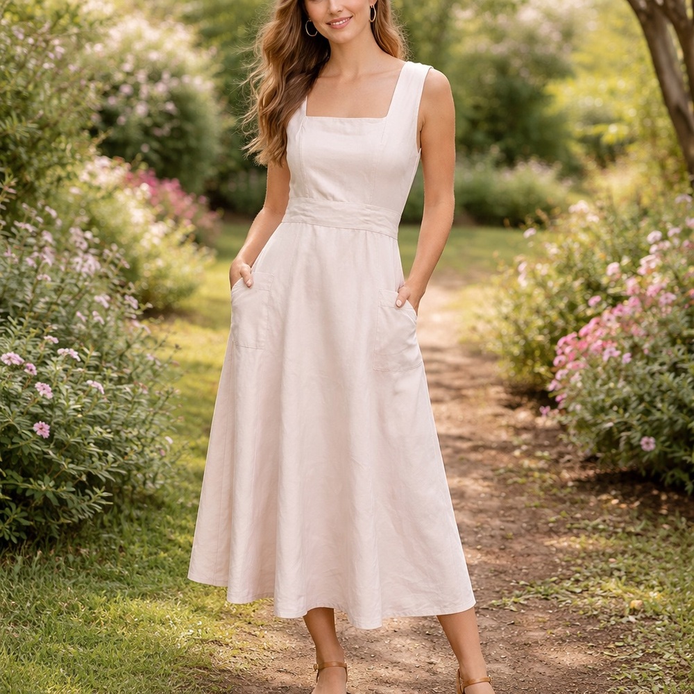 Vintage 90's The Limited Linen Silk Blend Midi Dress Square Neck Pockets - Picture 13 of 13